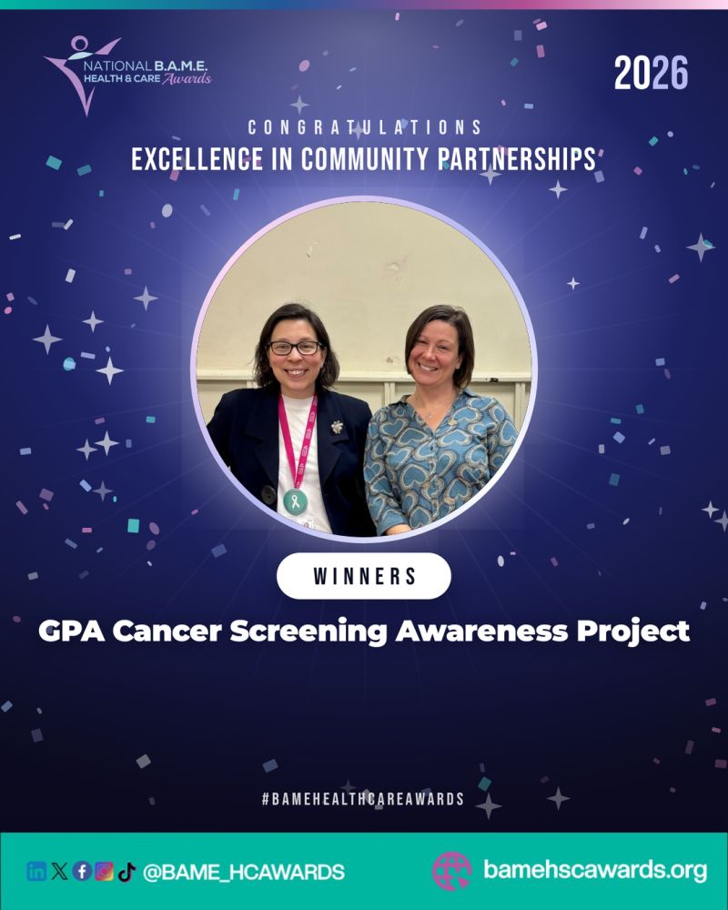 Promotional award graphic from the National B.A.M.E. Health & Care Awards 2026 showing the GPA Cancer Screening Awareness Project as the winner of the Excellence in Community Partnerships award. The graphic features a photo of two people at the centre, surrounded by a blue celebratory background with confetti and stars.