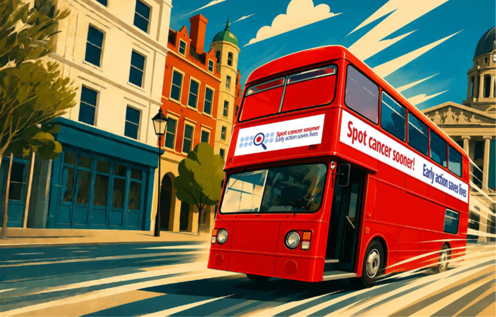 Double decker red bus with the slogan 'spot cancer sooner' written across the side driving through a street