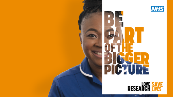 a nurse in front of an orange background, with the words "Be part of the bigger picture" covering half her face.