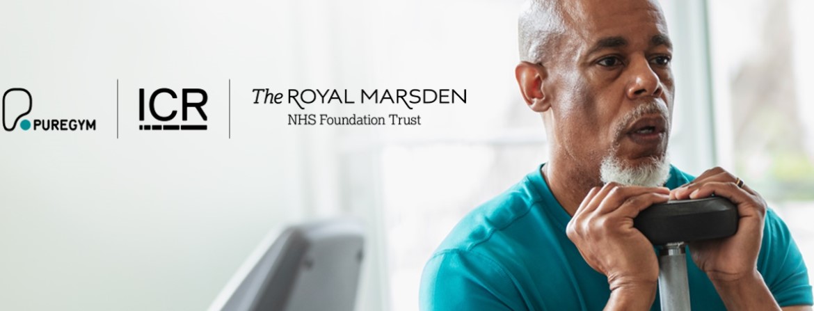 Man holding a dumbell with logos for puregym, the ICR and Royal Marsden in the background