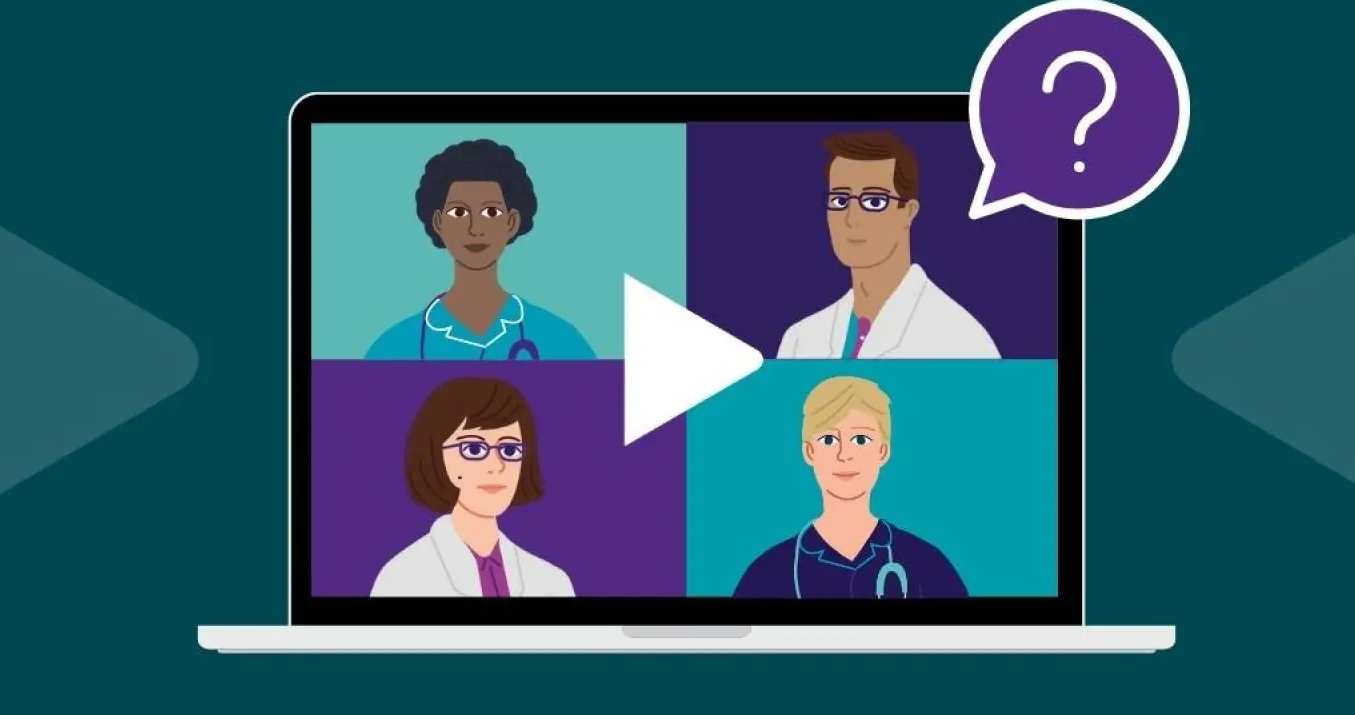 an animation of a laptop showing 4 people in an online meeting